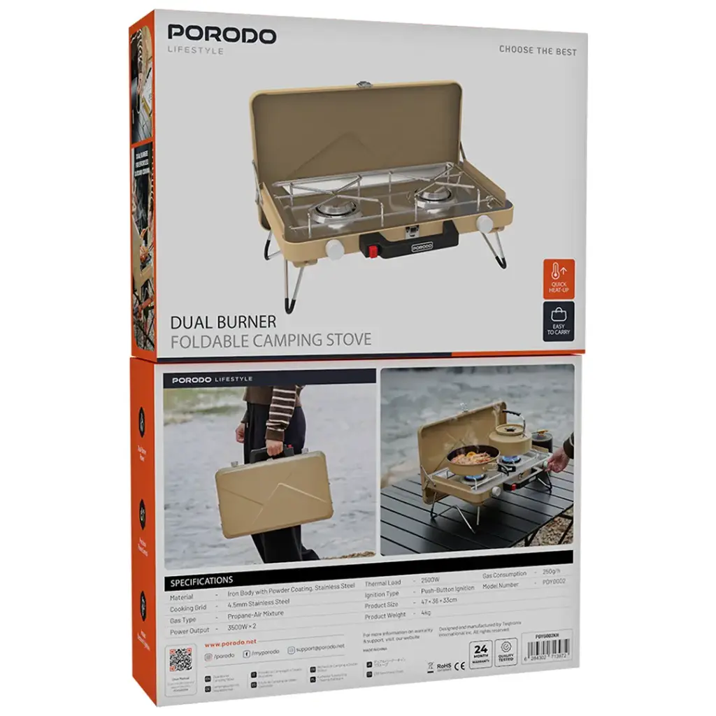 Porodo Lifestyle Dual Burner Foldable Camping Stove - Khaki