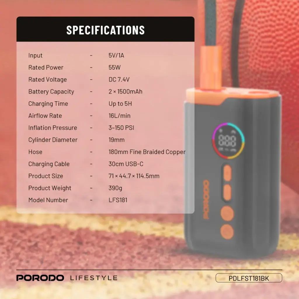 Porodo Lifestyle Electric Air Inflator - Black