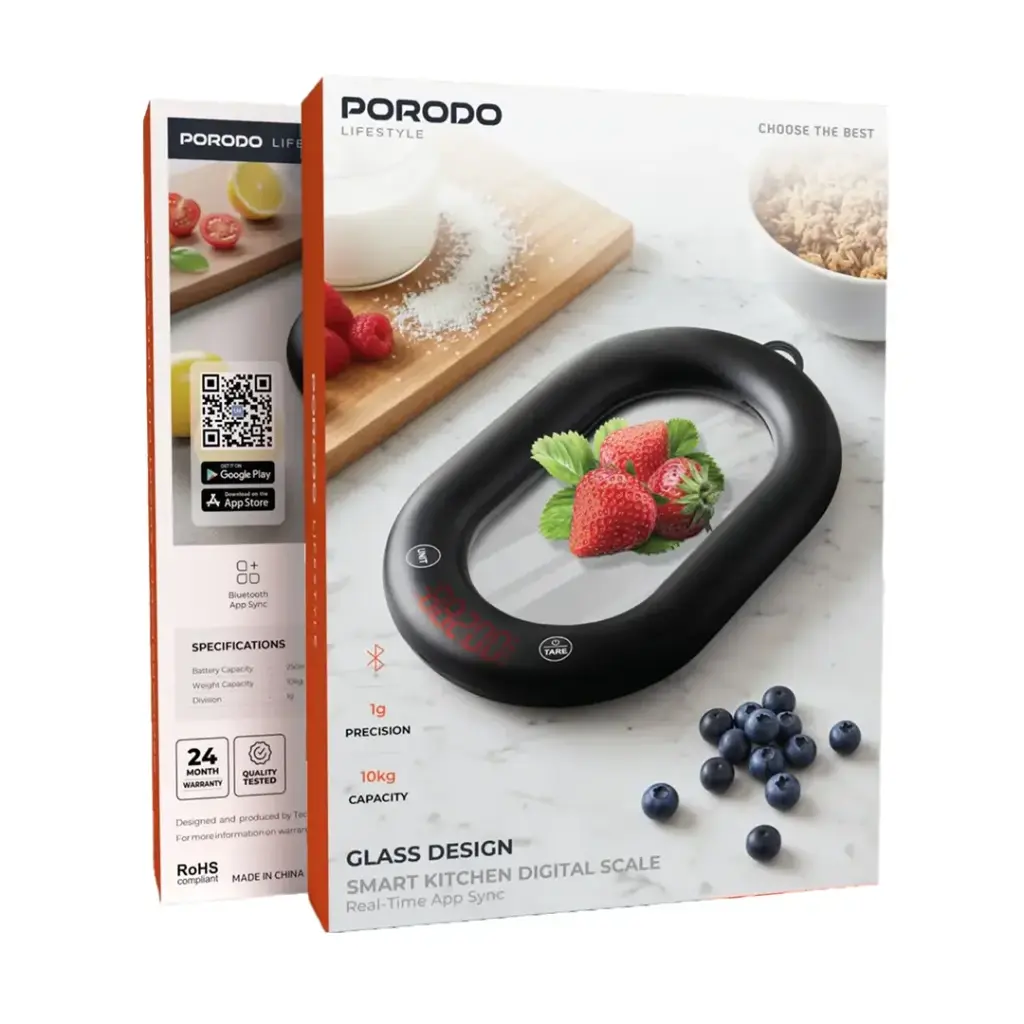 Porodo Lifestyle Glass Design Smart Kitchen Digital Scale with Real-Time App Sync - Black