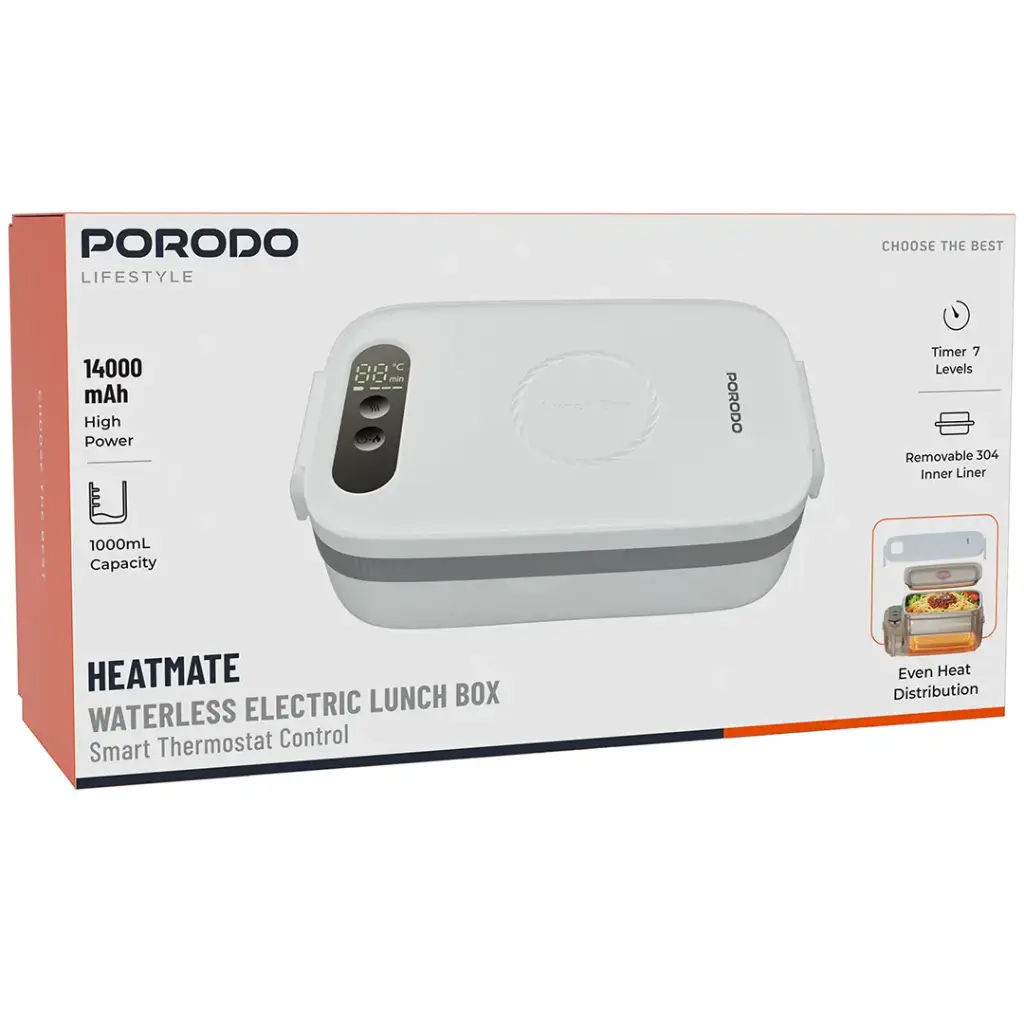 Porodo Lifestyle Heatmate Waterless Electric Lunch Box with Smart Thermostat Control - White