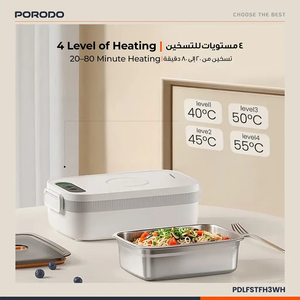 Porodo Lifestyle Heatmate Waterless Electric Lunch Box with Smart Thermostat Control - White