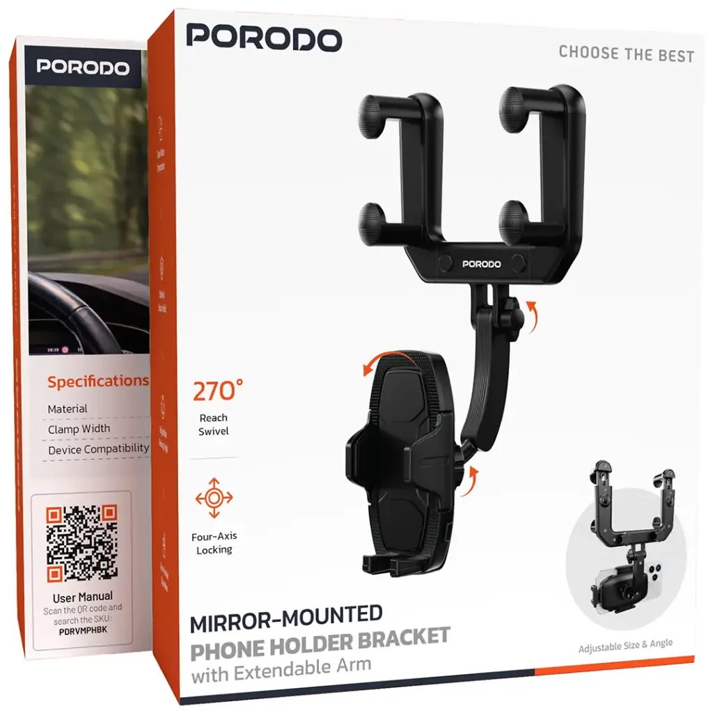Porodo Mirror-Mounted Phone Holder Bracket with Extendable Arm - Black
