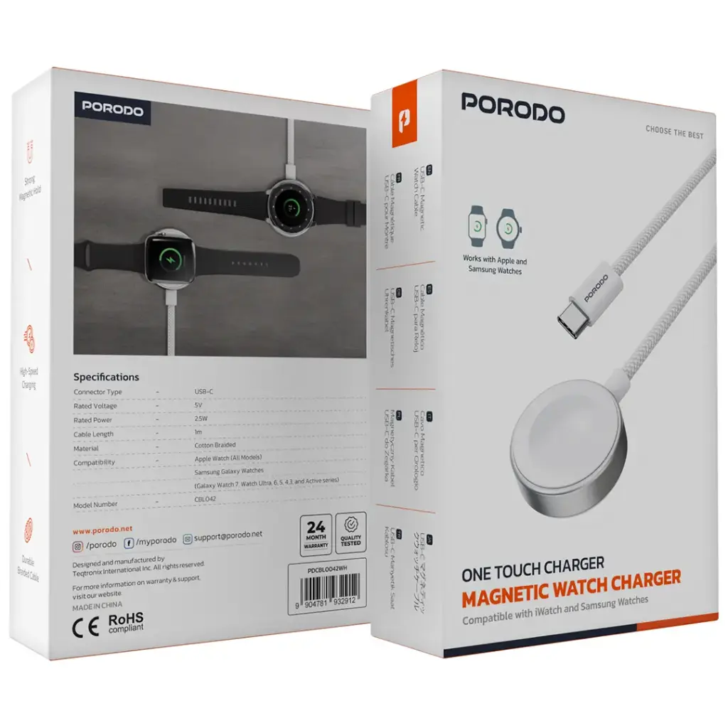 Porodo One Touch Charger Magnetic Watch Charger - White