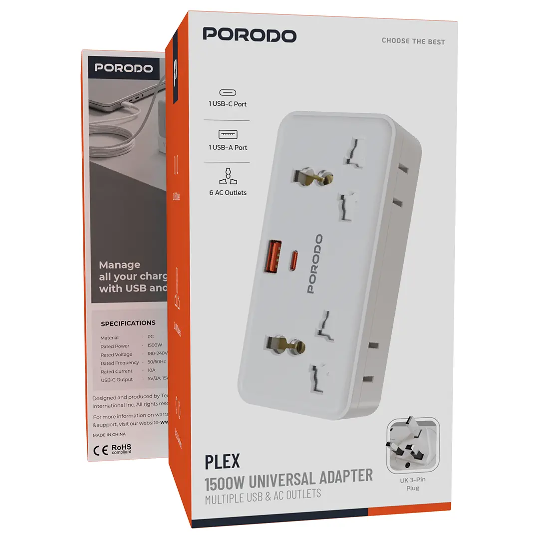 Porodo Plex 1500W Universal Adapter with Multiple USB & AC Outlets - White