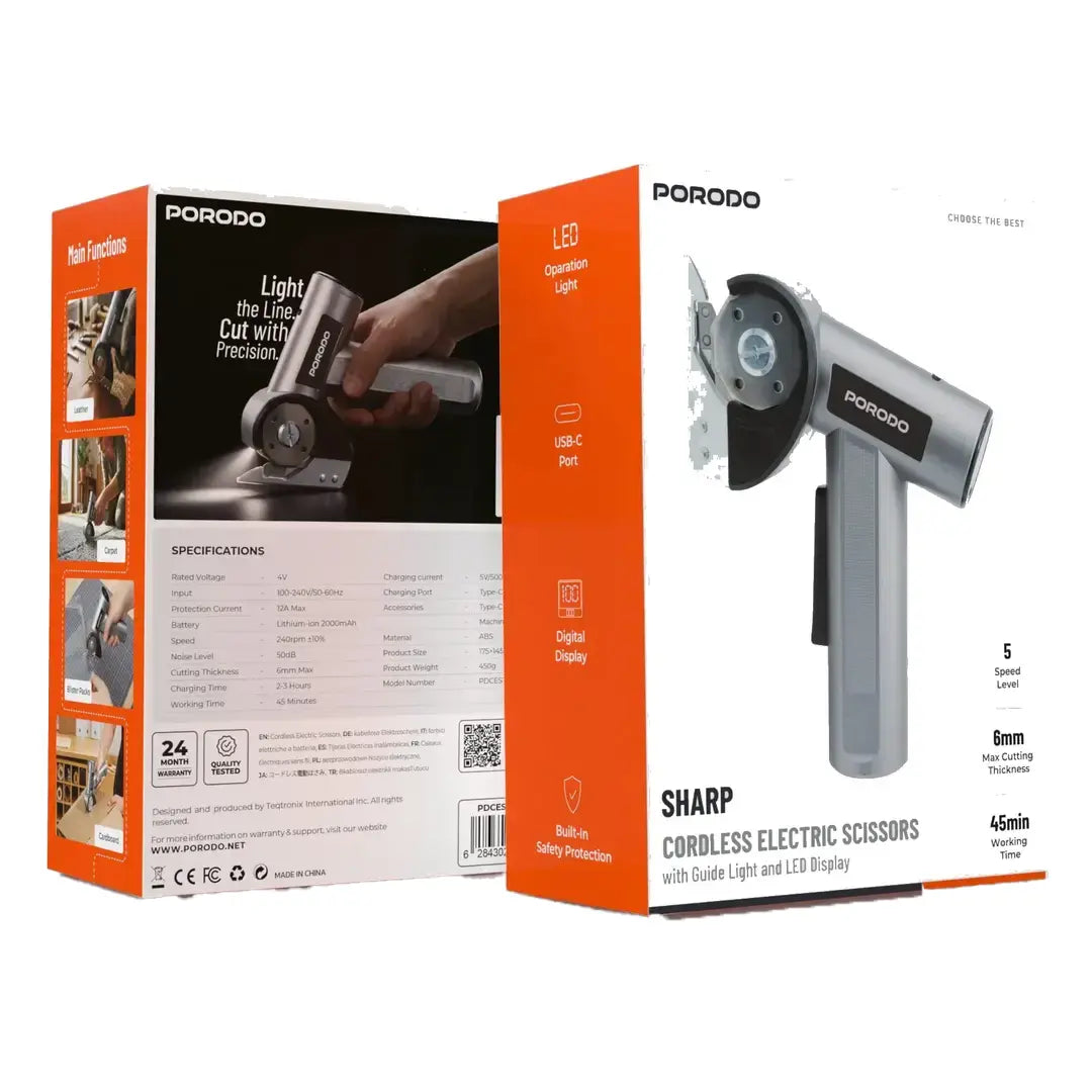 Porodo Sharp Cordless Electric Scissors with Guide Light & LED Display - Grey