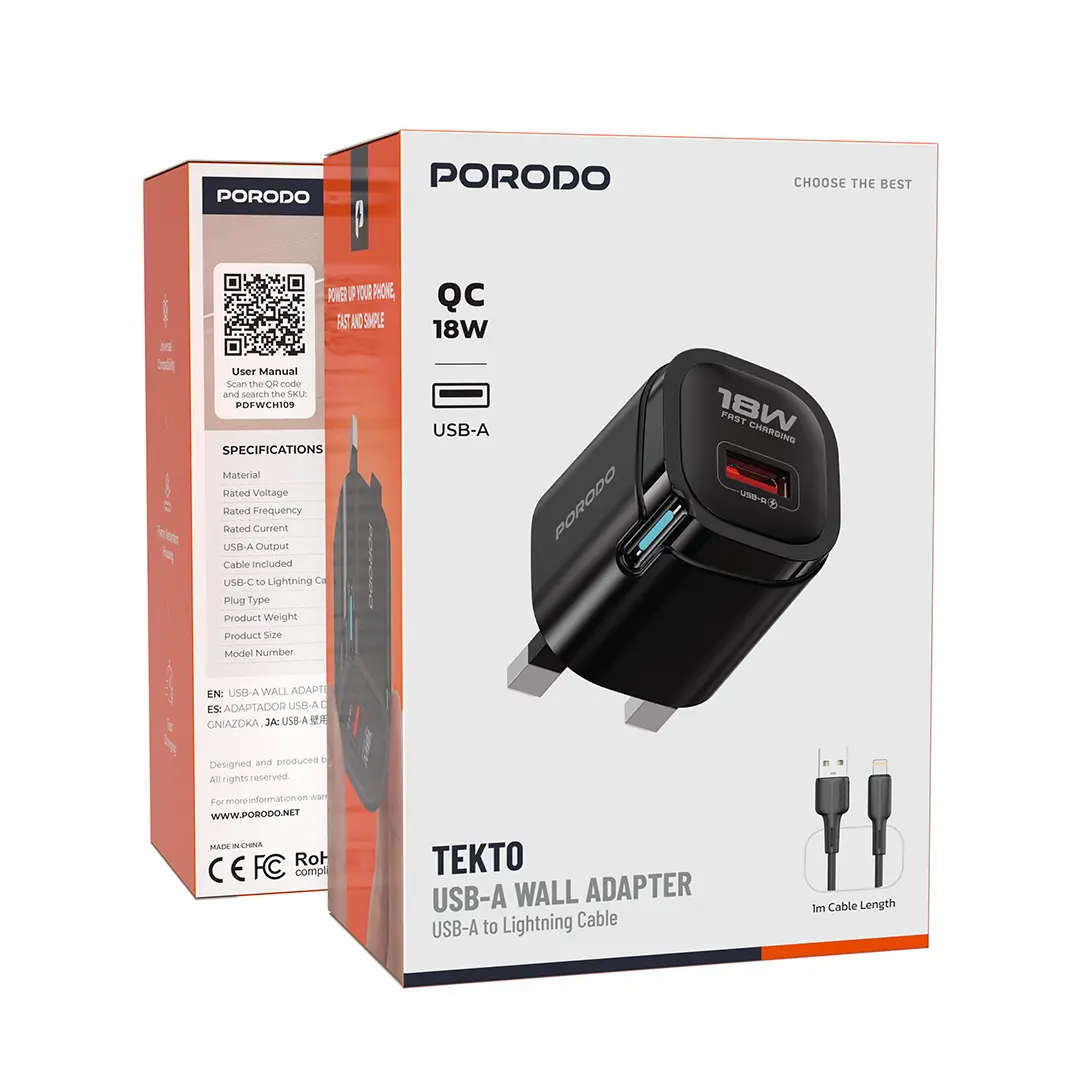 Porodo Tekto USB-A Wall Adapter - Black