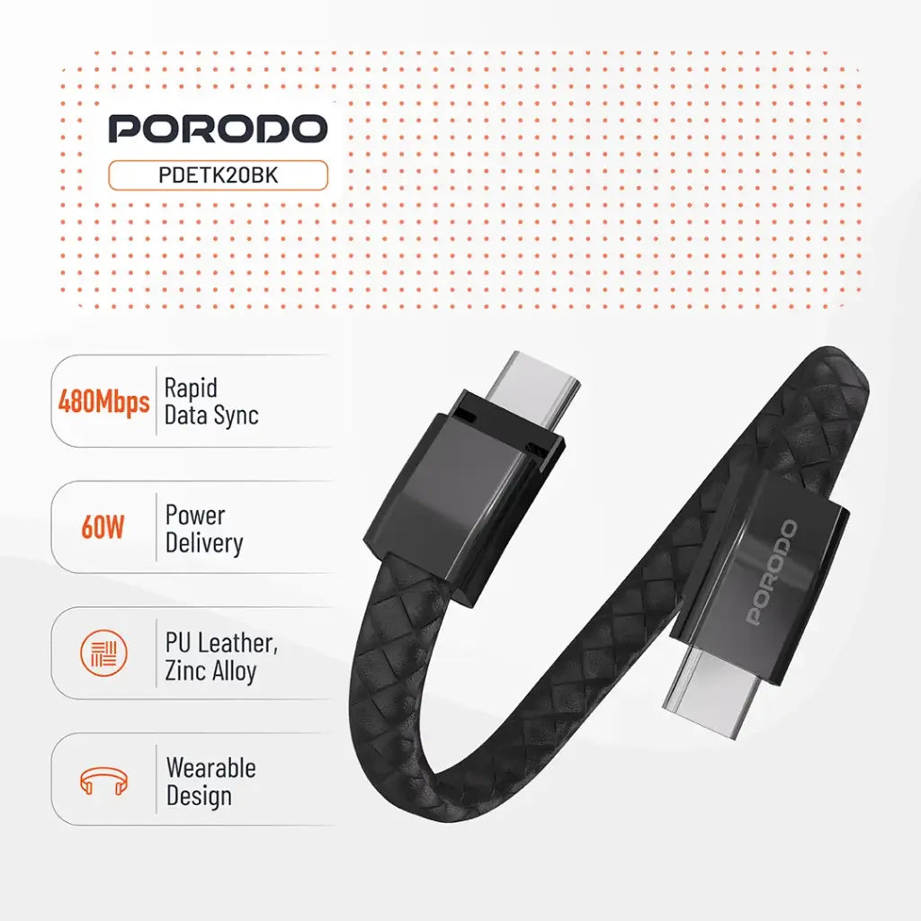 Porodo USB-C to USB-C Wristband Cable Magnetic Steel Clasp