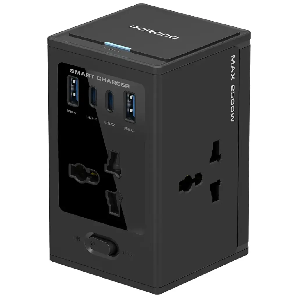 Porodo Universal GaN Multi-Port Cube Adapter with 4 AC Sockets - Black