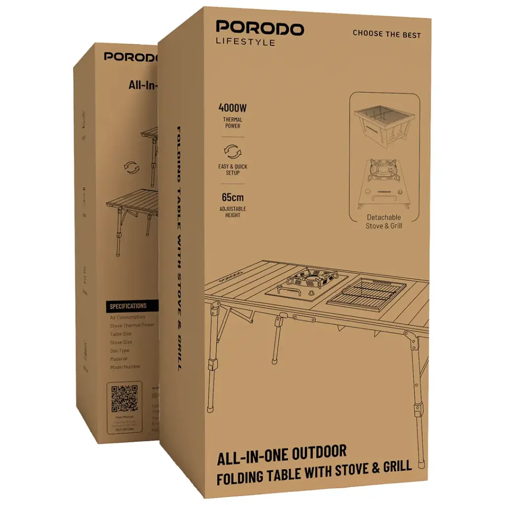 Porodo Lifestyle All-In-One Outdoor Folding Table with Stove & Grill - Black