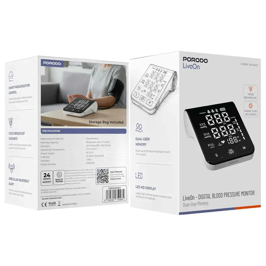 Porodo LiveOn Digital Blood Pressure Monitor with Dual-User Memory