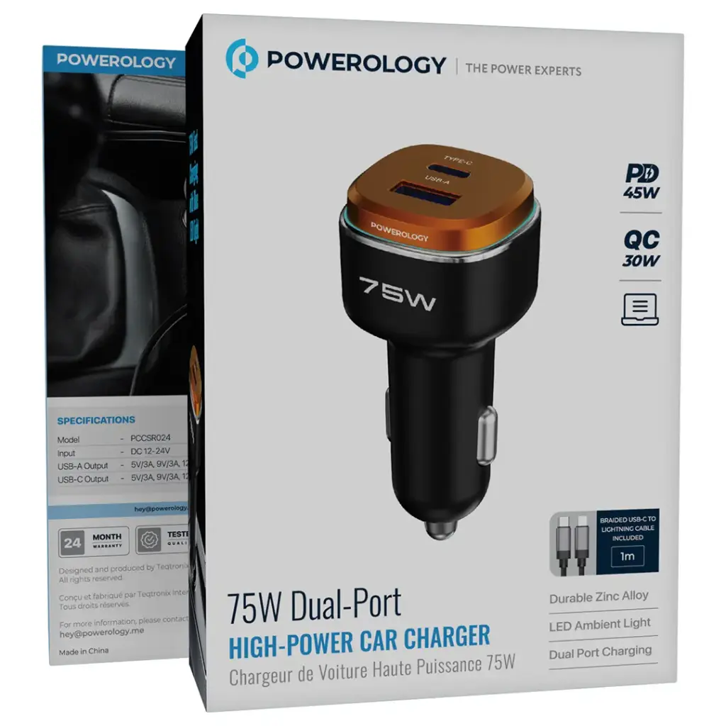 Powerology 75W Dual-Port High-Power Car Charger