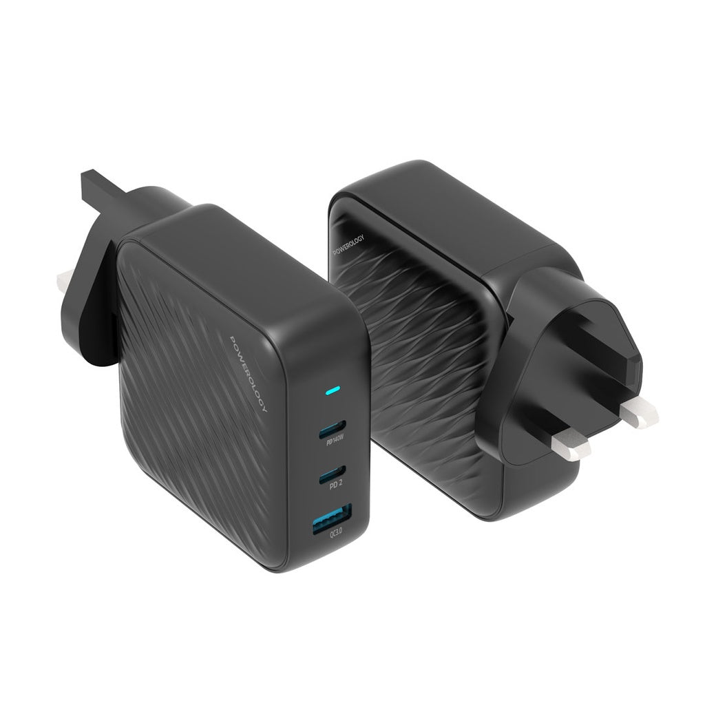 Powerology 140W PD QC 2xUSB-C and 1xUSB-A GaN Charger UK - Black