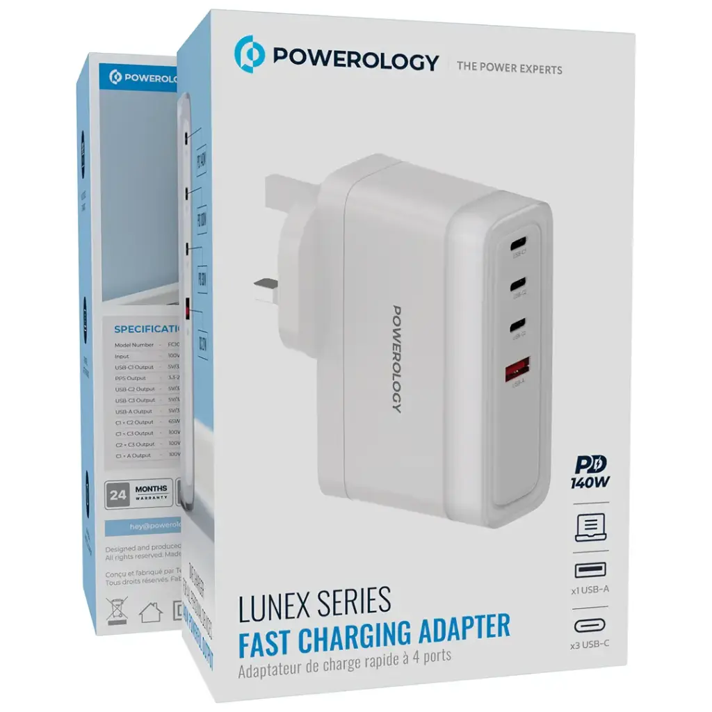 Powerology Lunex Series Fast Charging Adapter PD 140W - White