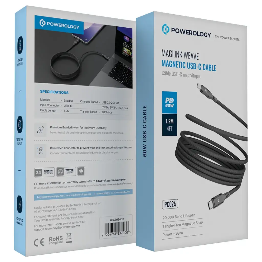 Powerology Malinka Weave Magnetic USB-C 1.2m Cable PD 60W - Dark Grey