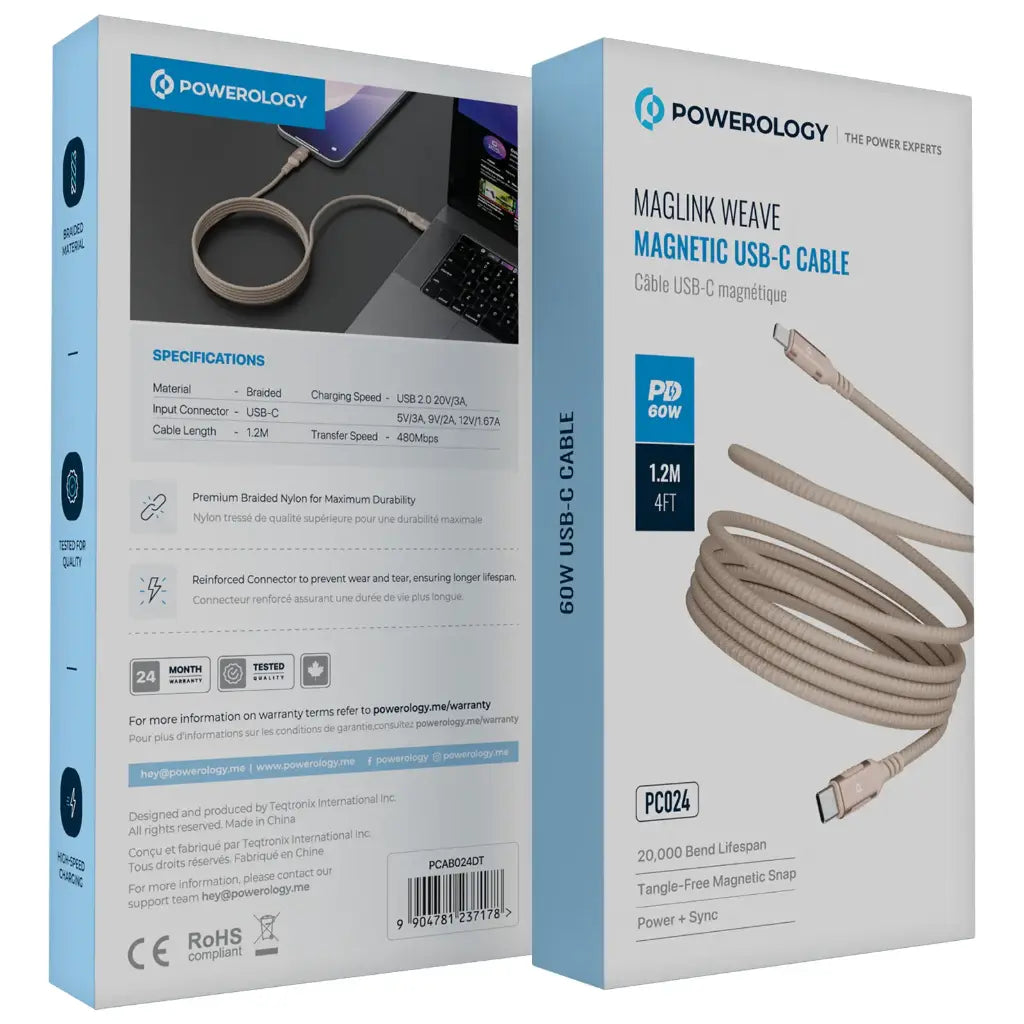 Powerology Malinka Weave Magnetic USB-C 1.2m Cable PD 60W - Dark Grey