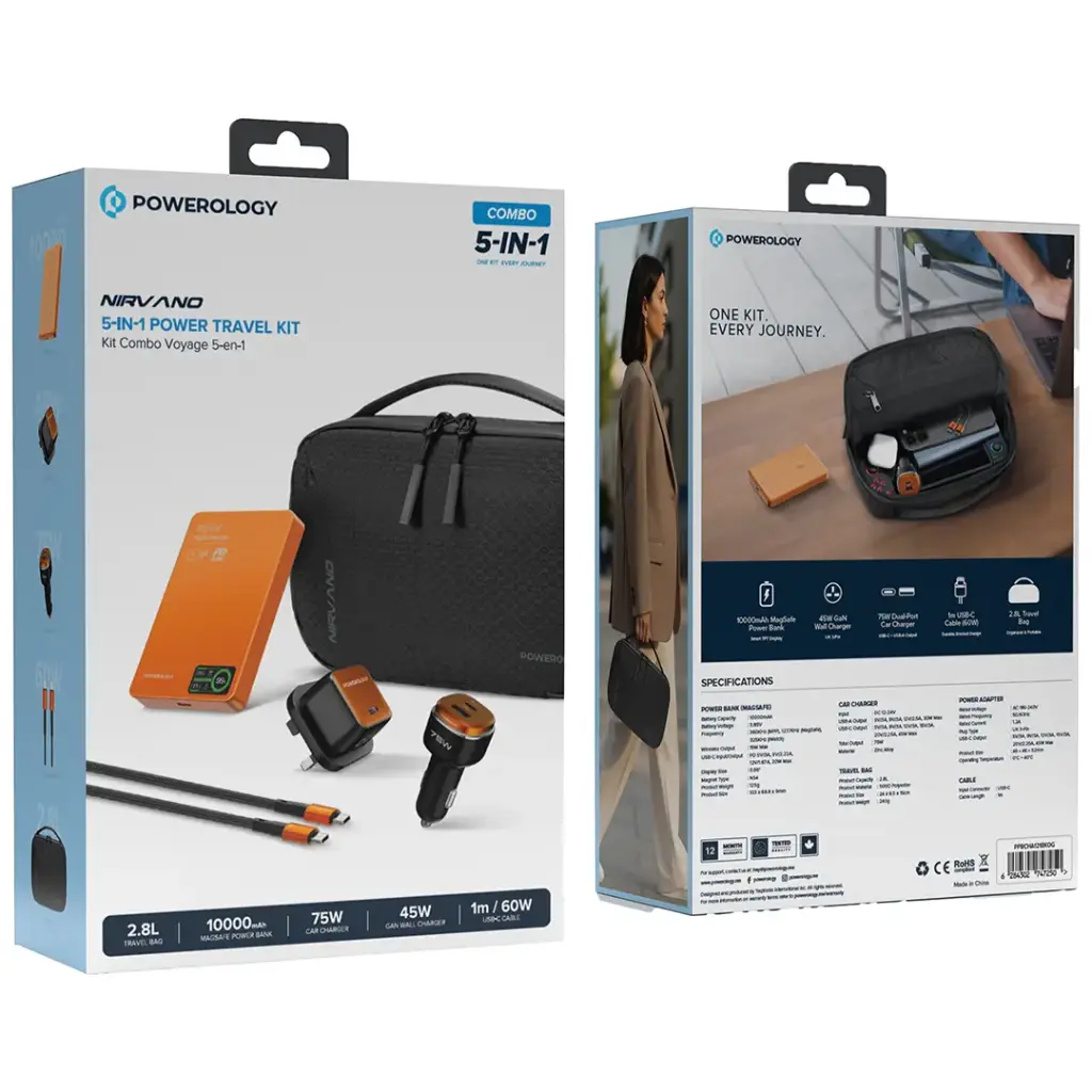 Powerology Nirvano 5-In-1 Power Travel Kit - Black/Orange
