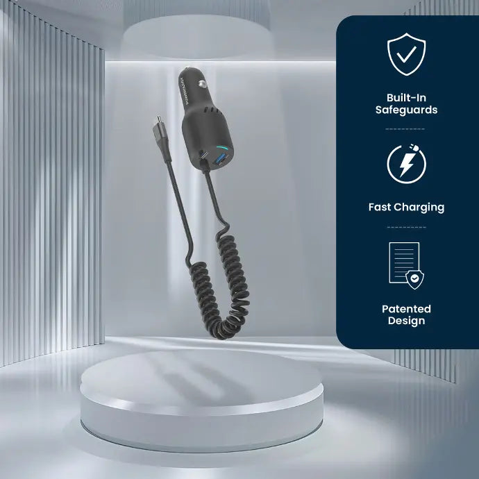 Powerology PD100W+QC18W+Type C Cable 20W LED Dual Ports Car Charger With Coiled Cable - Black