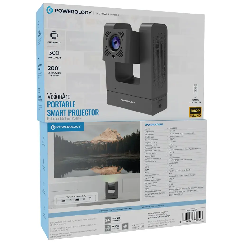 Powerology VisionArc Portable Smart Projector - Gray