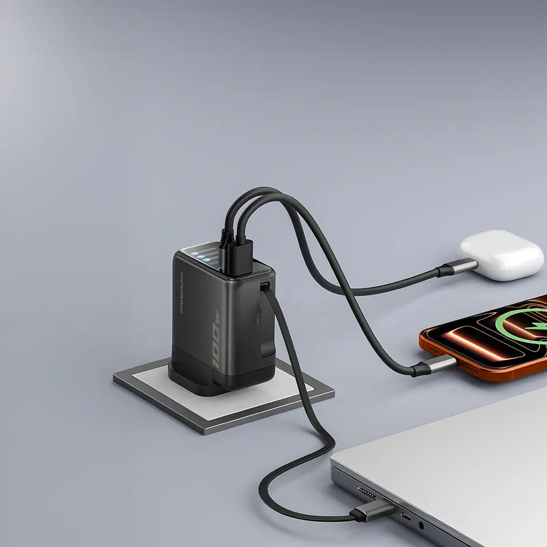 Powerology 100W GaN TFT Adapter with Retractable Type-C Cable – Black
