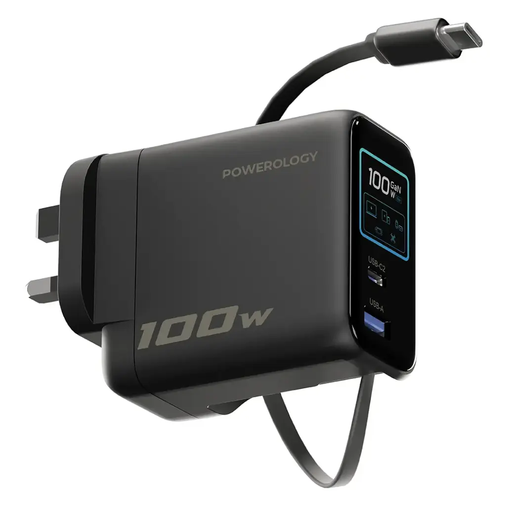 Powerology 100W GaN TFT Adapter with Retractable Type-C Cable – Black