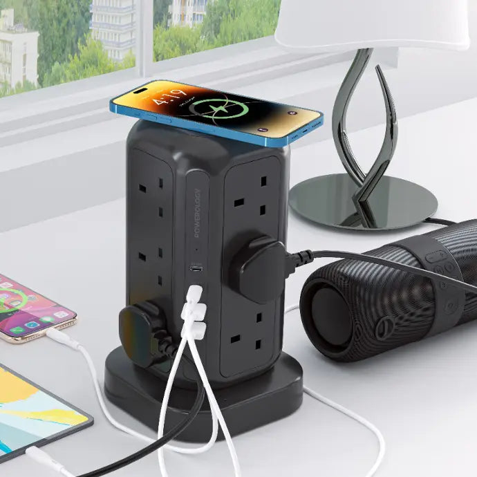 Powerology 12 AC Sockets GaN Tower Hub - Black