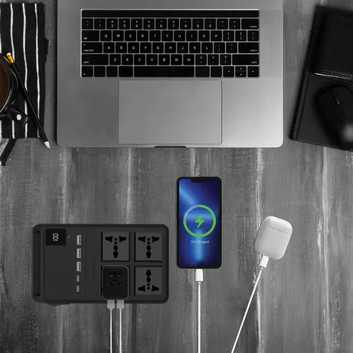 Powerology 2500w 4 AC Power Strip with Built-In Retractable Cables - Black