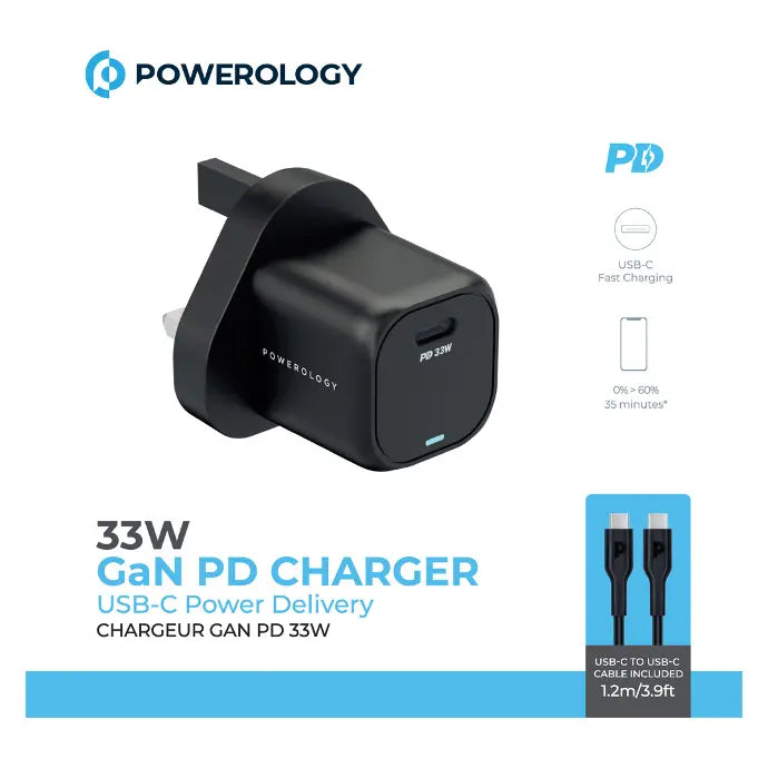 Powerology 33W GaN PD Charger With 1.2m/3.9ft USB-C To USB-C Cable