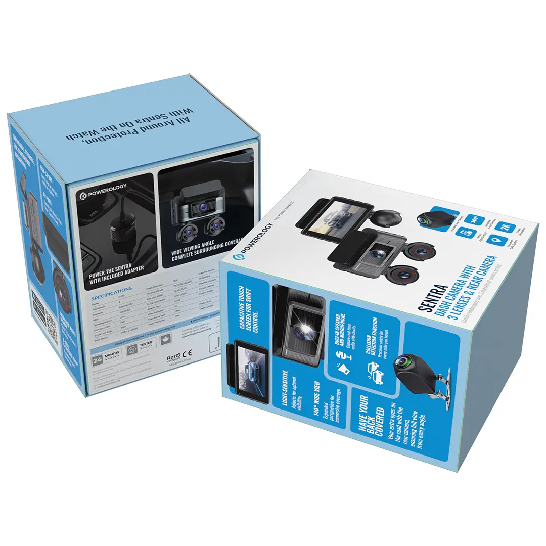 Powerology Sentra Dash Camera with 3 Lenses and Rear Camera - Black