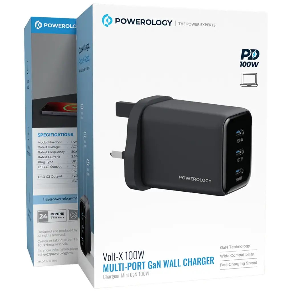 Powerology Volt-X 100W Multi-Port GaN Wall Charger - Black