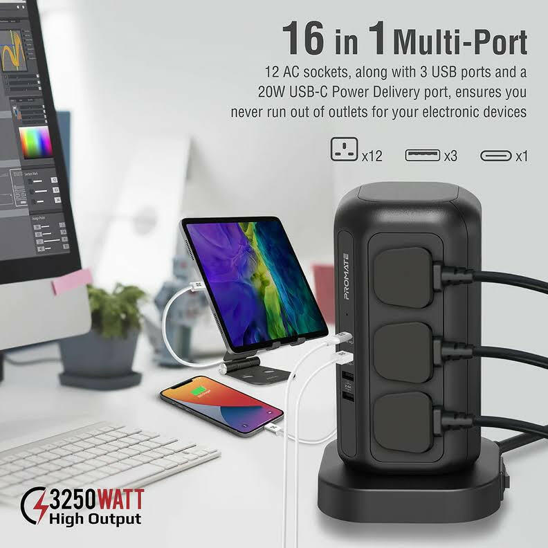 Promate 16-in-1 Multi-Socket Surge Protected Power Tower - Phonology