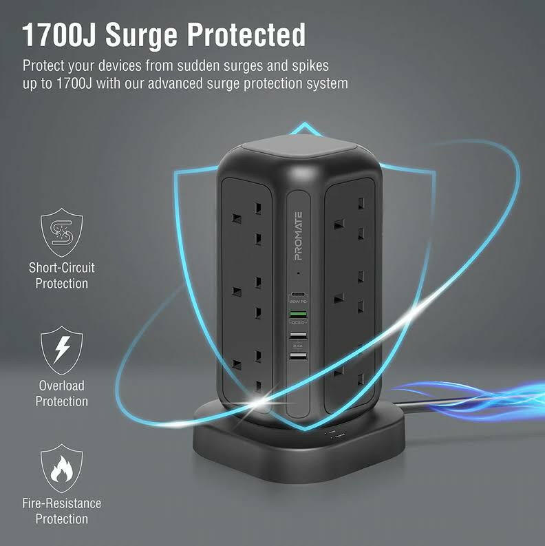 Promate 16-in-1 Multi-Socket Surge Protected Power Tower - Phonology