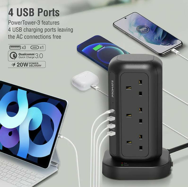 Promate 16-in-1 Multi-Socket Surge Protected Power Tower - Phonology