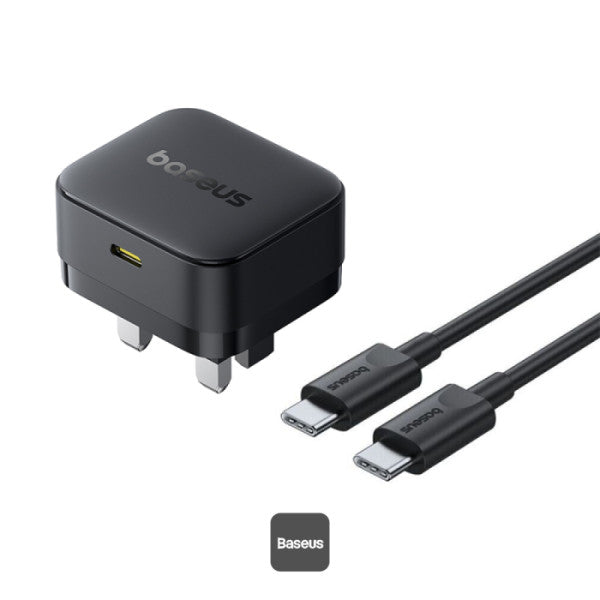 Baseus Palm 30W PD Type-C Fast Charging Wall Charger - UK Plug with Ultra Fast Charging Type-C to Type-C Data Cable 1M