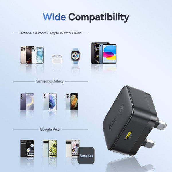 Baseus Palm 30W PD Type-C Fast Charging Wall Charger - UK Plug with Ultra Fast Charging Type-C to Type-C Data Cable 1M