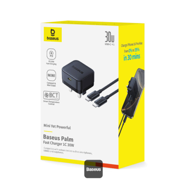 Baseus Palm 30W PD Type-C Fast Charging Wall Charger - UK Plug with Ultra Fast Charging Type-C to Type-C Data Cable 1M
