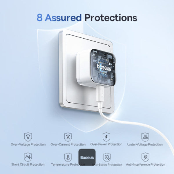 Baseus Palm 30W PD Type-C Fast Charging Wall Charger - UK Plug with Ultra Fast Charging Type-C to Type-C Data Cable 1M