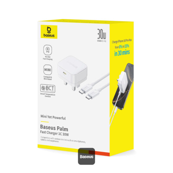 Baseus Palm 30W PD Type-C Fast Charging Wall Charger - UK Plug with Ultra Fast Charging Type-C to Type-C Data Cable 1M
