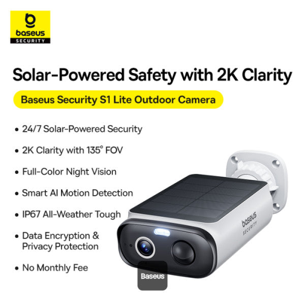 Baseus Security S1 Lite Outdoor Camera 2K – Solar, Night Vision, AI Motion, IP67, No Monthly Fee - White