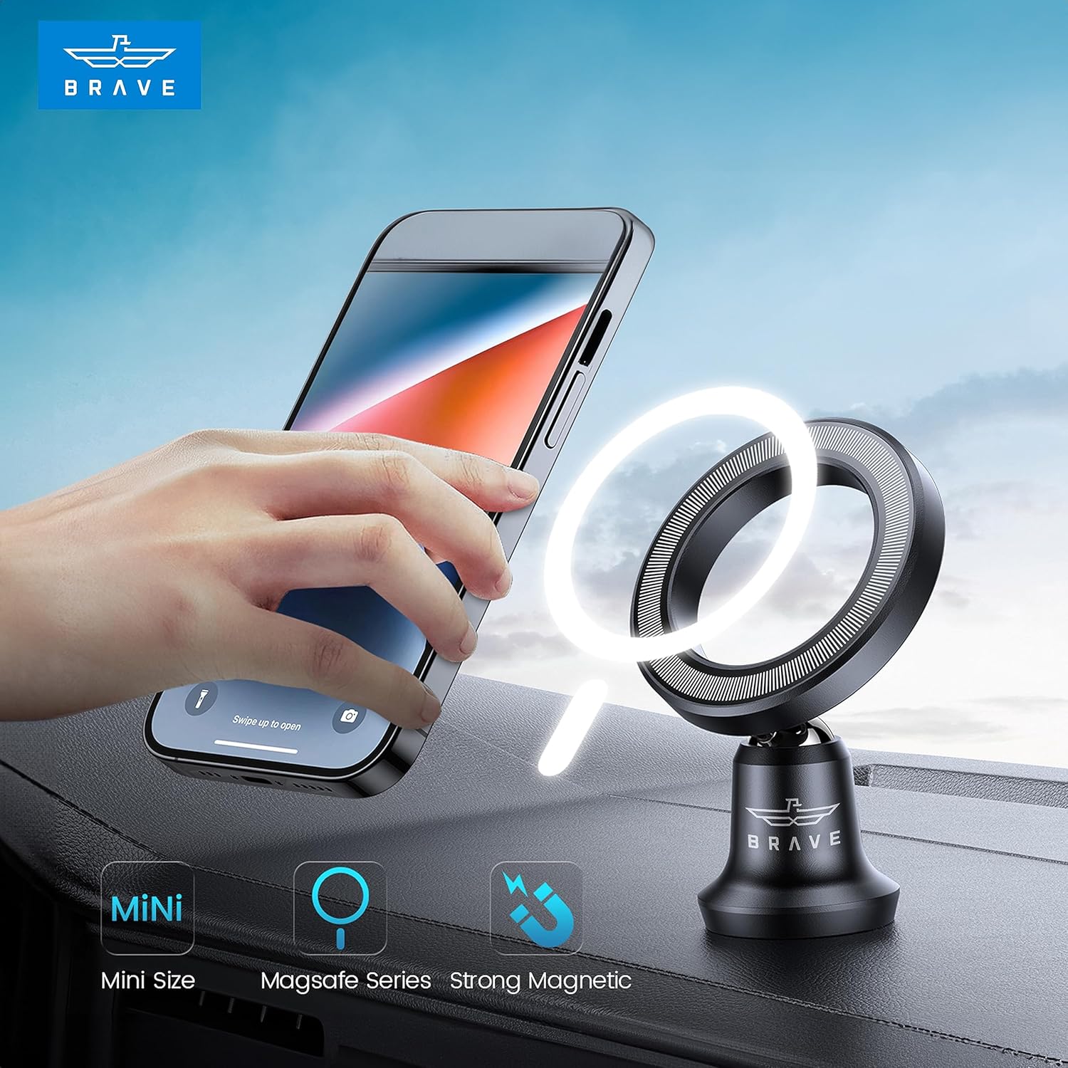 Brave BHL-52 MagSafe Car Dashboard Phone Holder | 360° Rotatable | Aluminum | Black