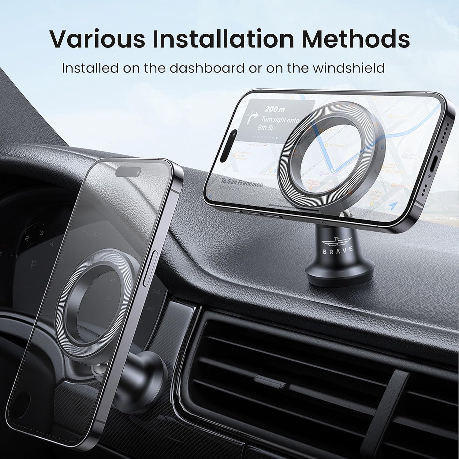 Brave BHL-52 MagSafe Car Dashboard Phone Holder | 360° Rotatable | Aluminum | Black