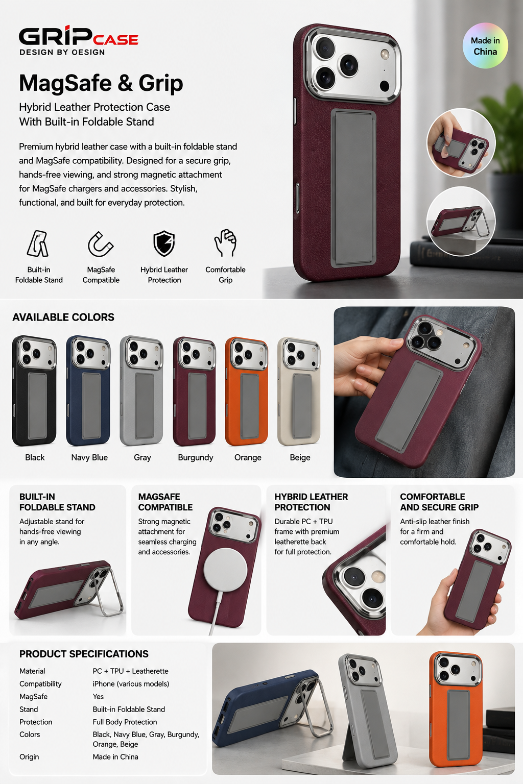 GripCase MagSafe & Grip – Hybrid Leather Case with Foldable Stand