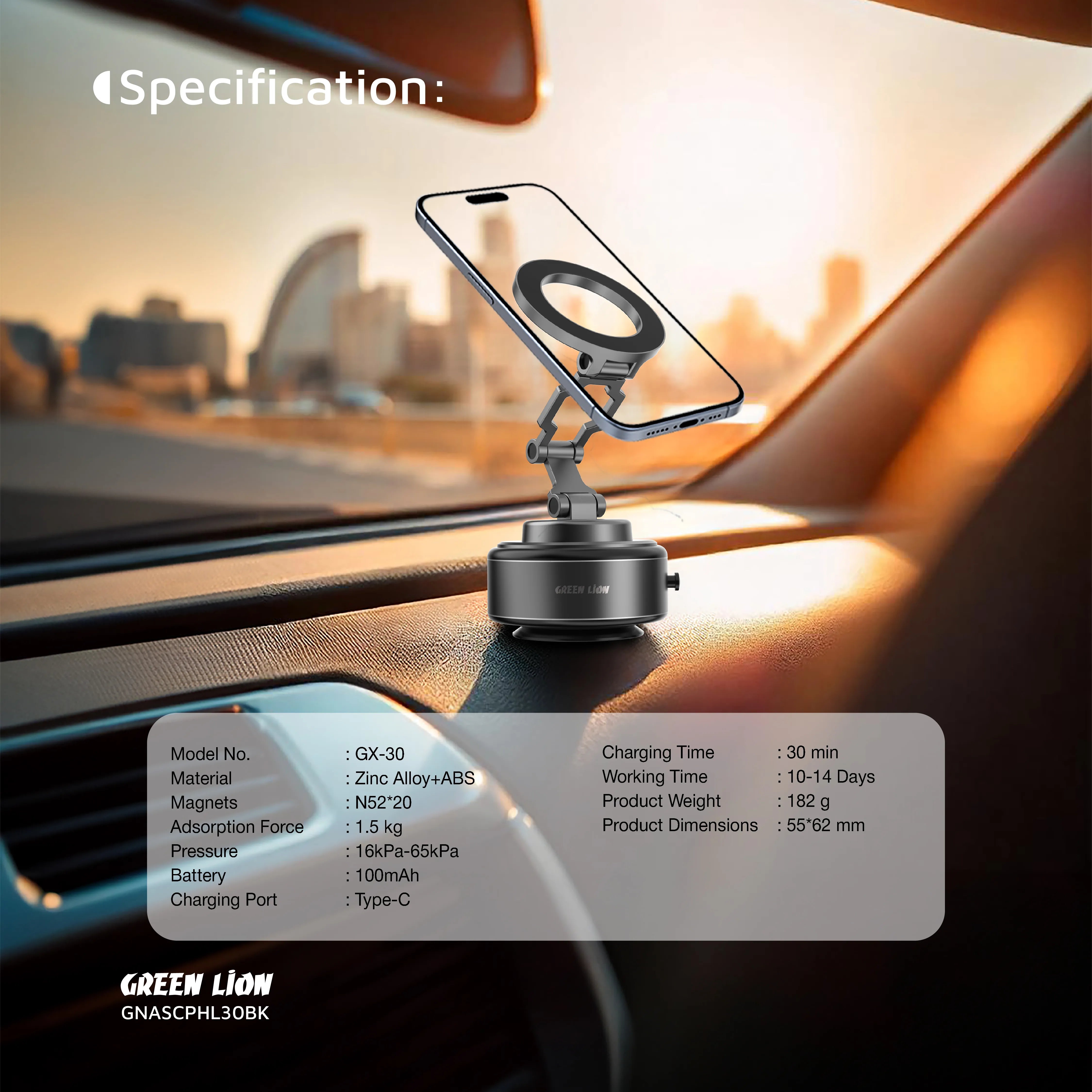 GREEN LION GX-30 AUTO SUCTION PHONE HOLDER - MATTE BLACK