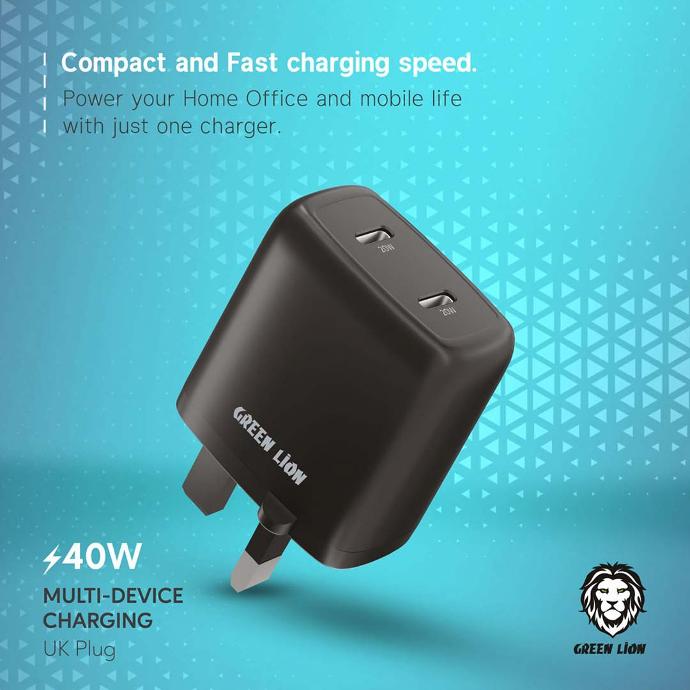 Green Lion Dual Port USB-C Wall Charger 40W UK - Black
