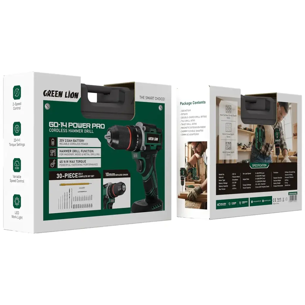 Green Lion GD-14 Power Pro Cordless Hammer Drill - Green