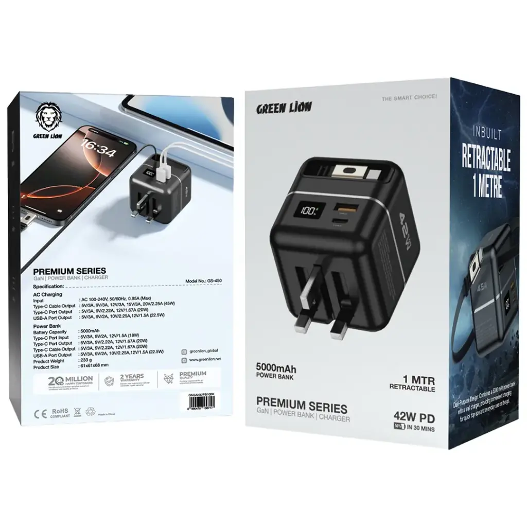 Green Lion GaN Premium Series Charger 42W with 5000mAh Power Bank
