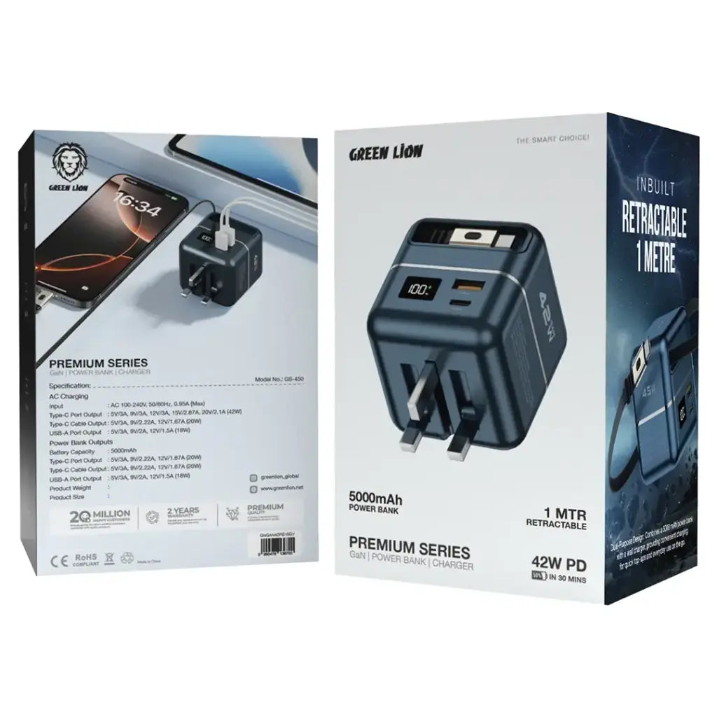Green Lion GaN Premium Series Charger 42W with 5000mAh Power Bank