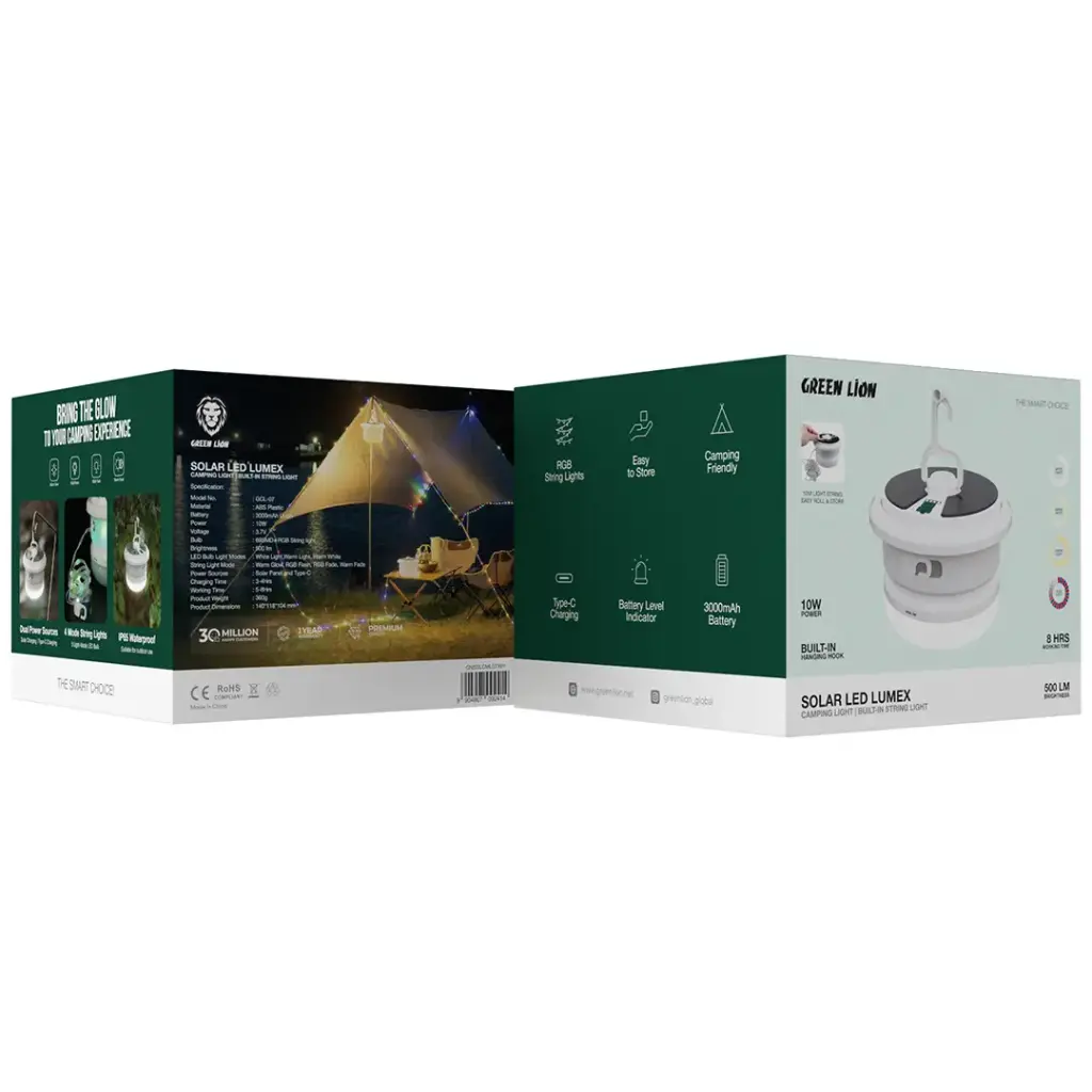 Green Lion Solar LED Lumex Camping Light & Built-In String Light - White