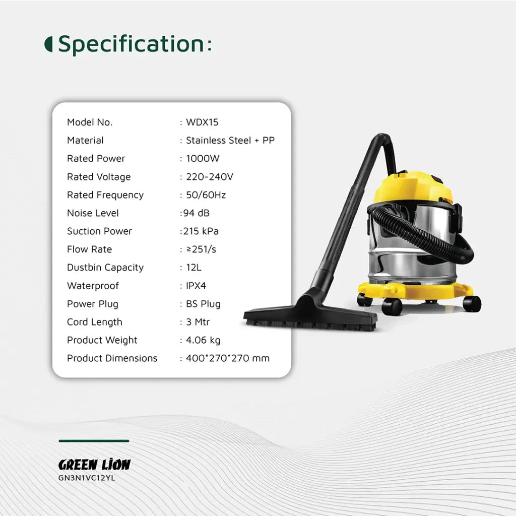 Green Lion Ultra 3 In 1 Vacuum Cleaner 12L - Yellow