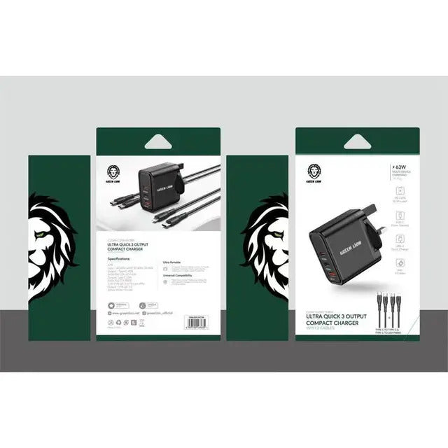 Green Lion Ultra Quick 63W 3-Output Compact Charger with Type-C & Lightning Cables - Black