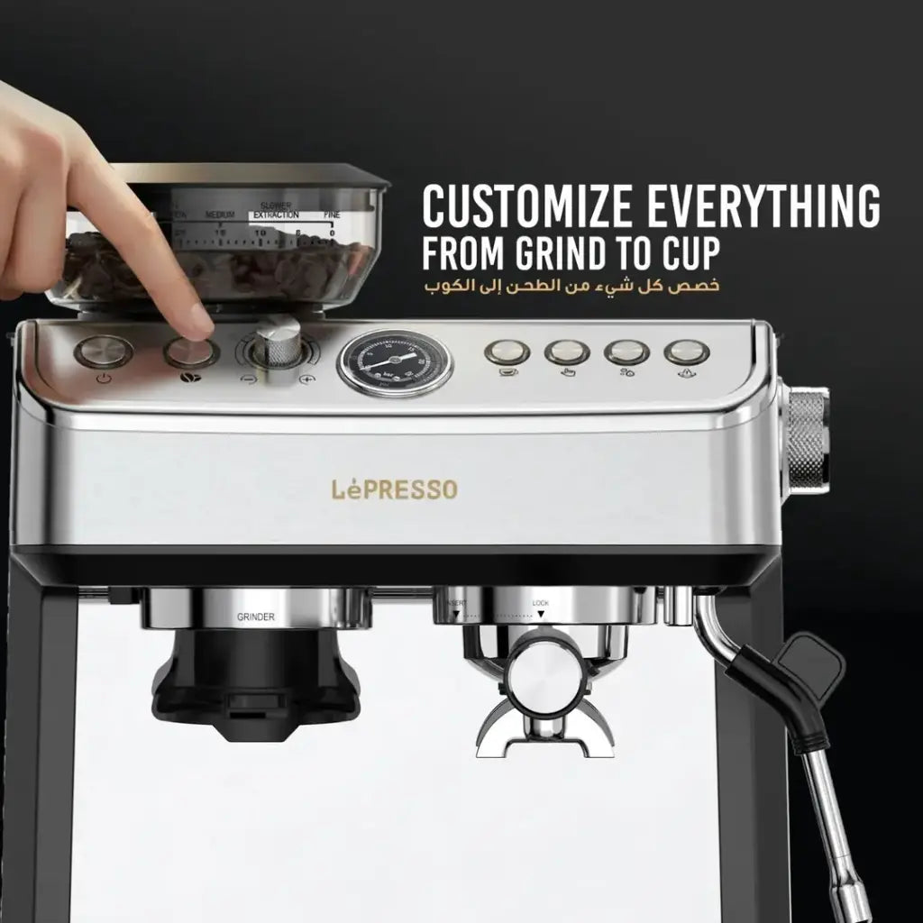 Lepresso Espresso Machine Conical Grinder & Steamer - Silver
